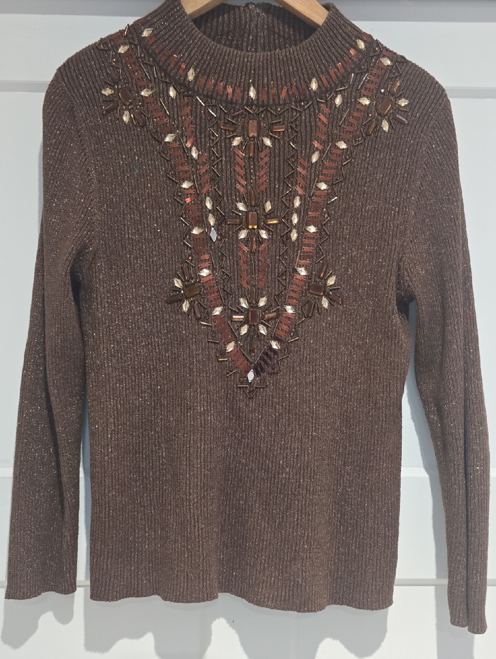 Lauren Michelle Metallic Brown Ribbed Sweater with Beaded Accents